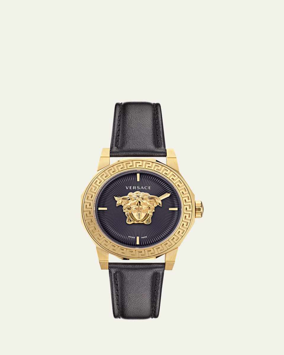 38mm Medusa Deco Watch with Leather Strap, Black